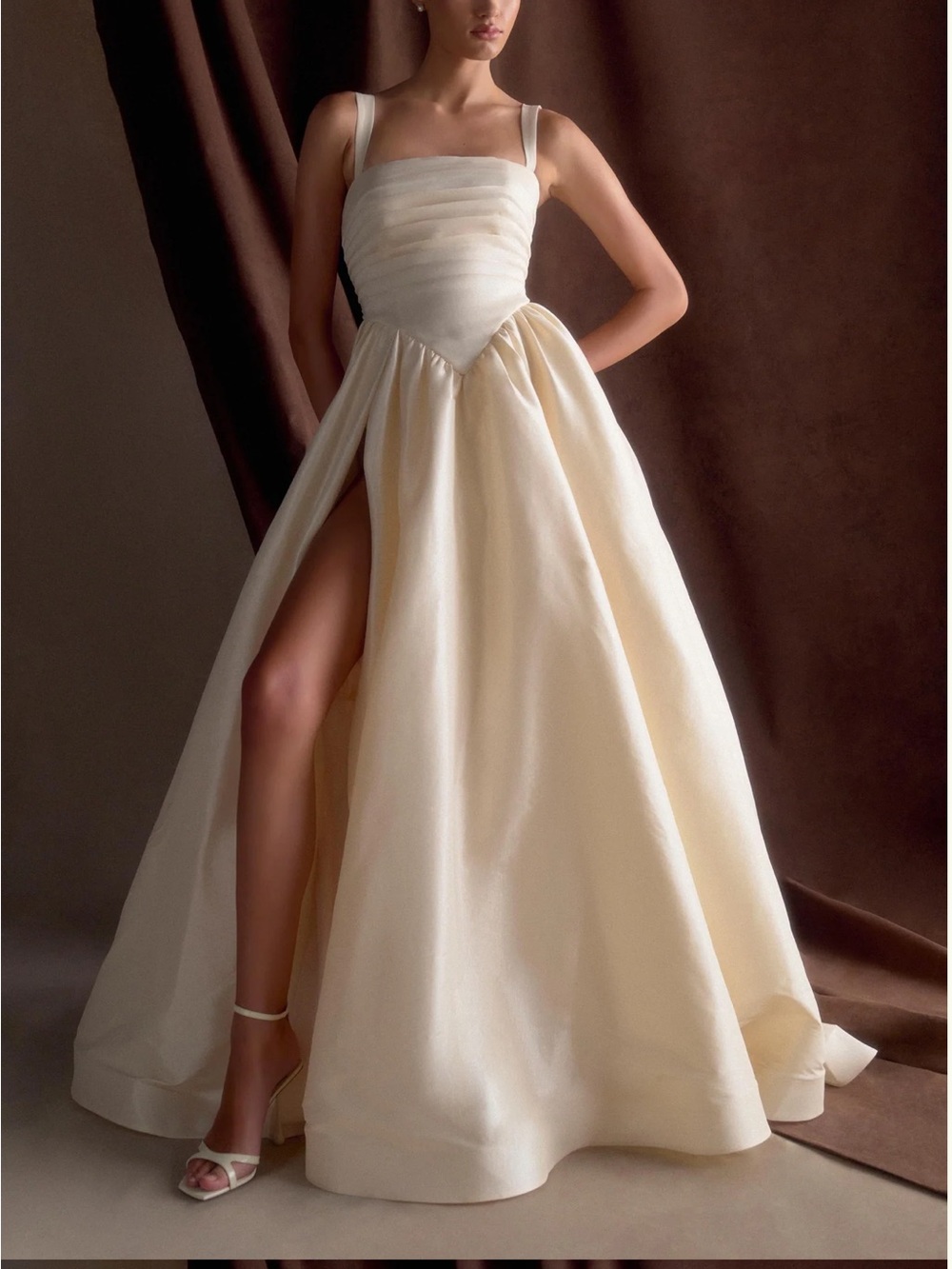 Meshki The CARLA Ruched Gown- Cream A-Line Bridal Gown High Slit-Size XS